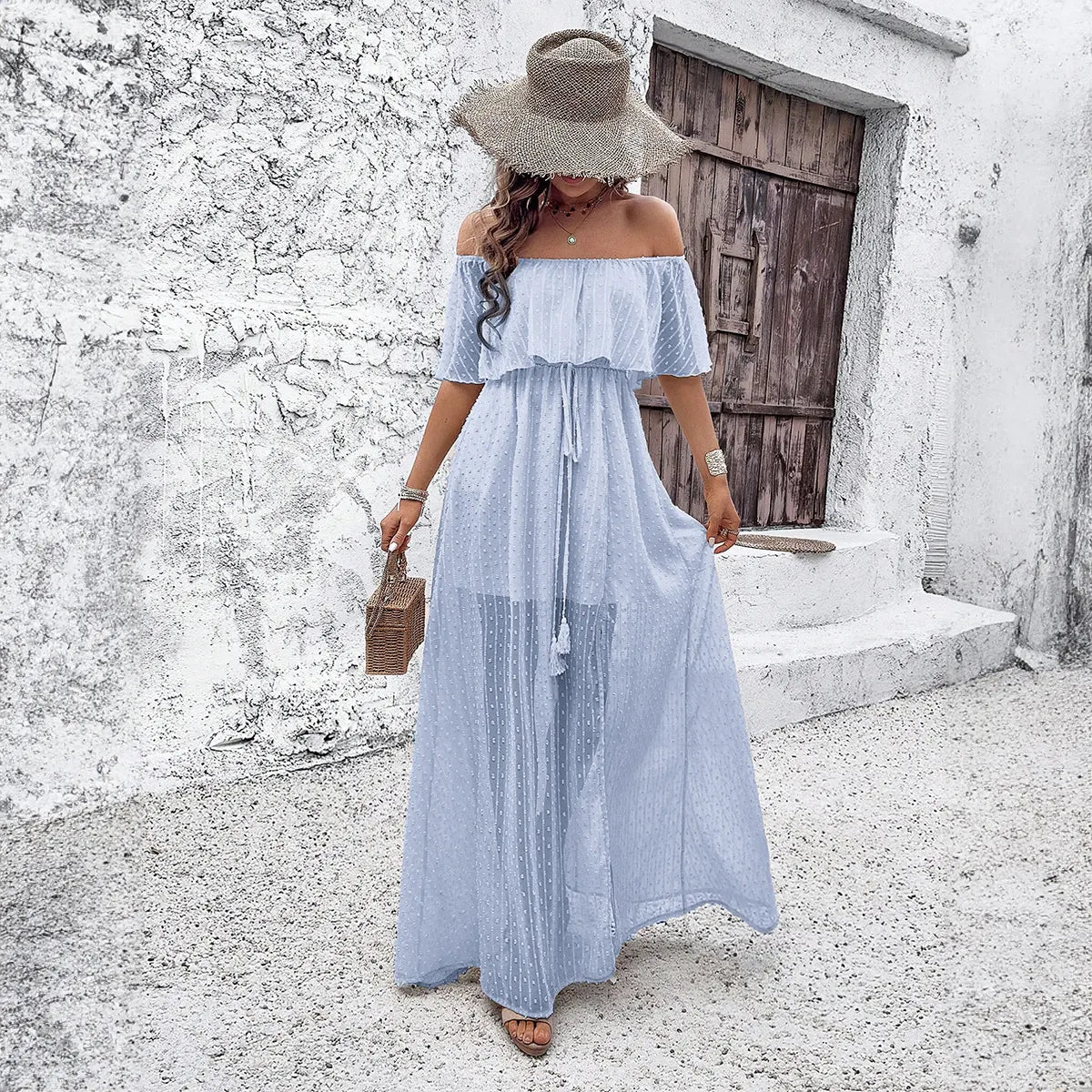 Off Shoulder Ruffle Swiss Dot Chiffon Maxi Dress