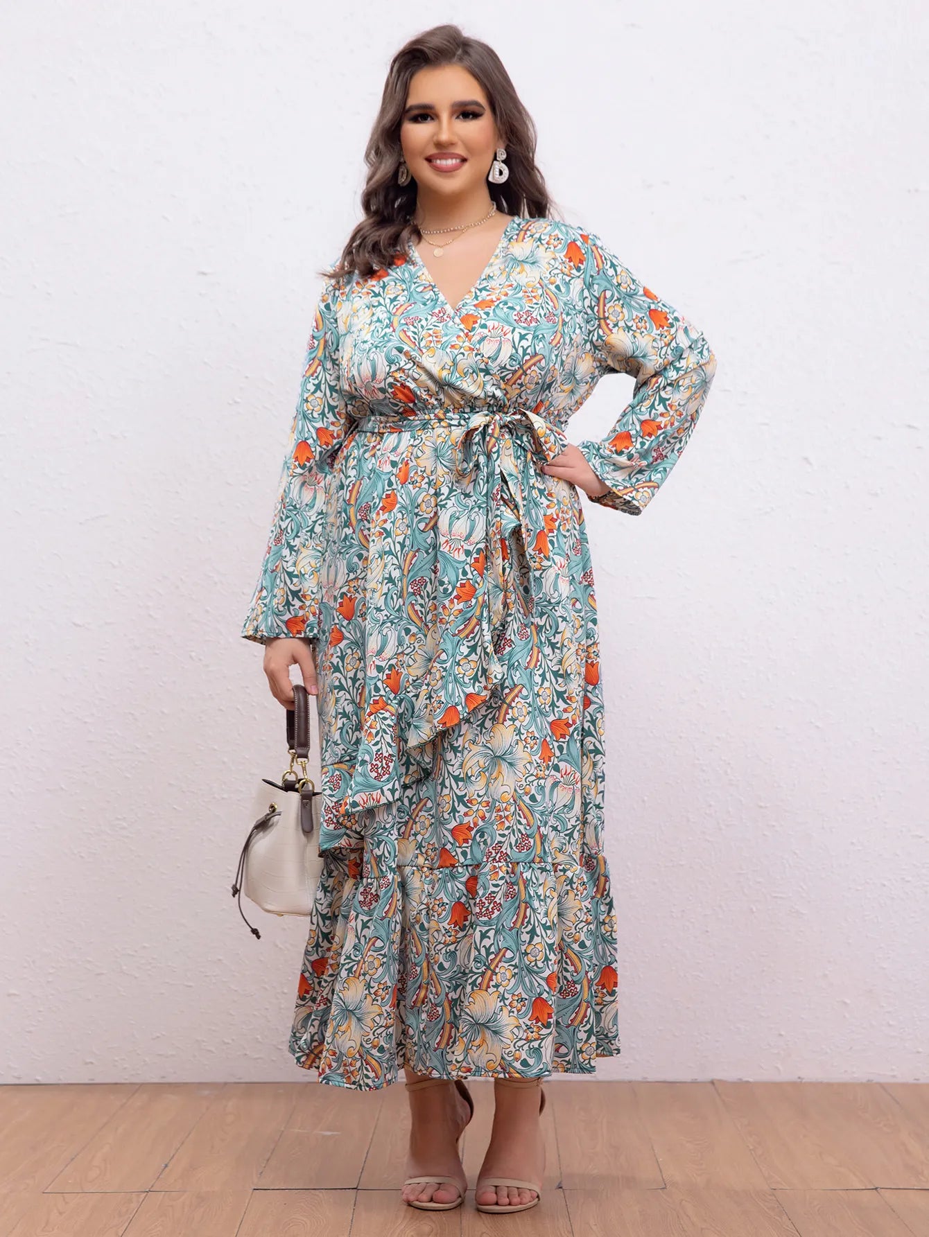 Plus Size Floral Print V‑Neck Wrap Long Dress