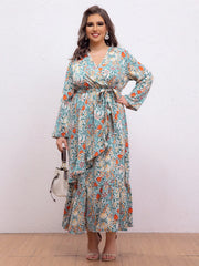 Plus Size Floral Print V‑Neck Wrap Long Dress