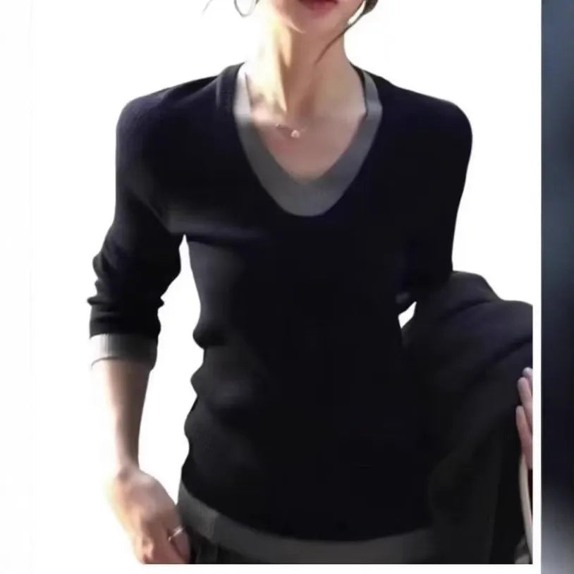 Mock Two‑Piece Contrast V Neck Ribbed Knit Top