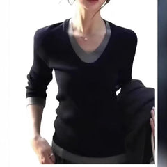 Mock Two‑Piece Contrast V Neck Ribbed Knit Top