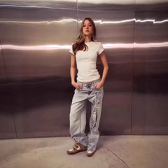 Mid‑Waist Rhinestone Decor Straight Leg Jeans
