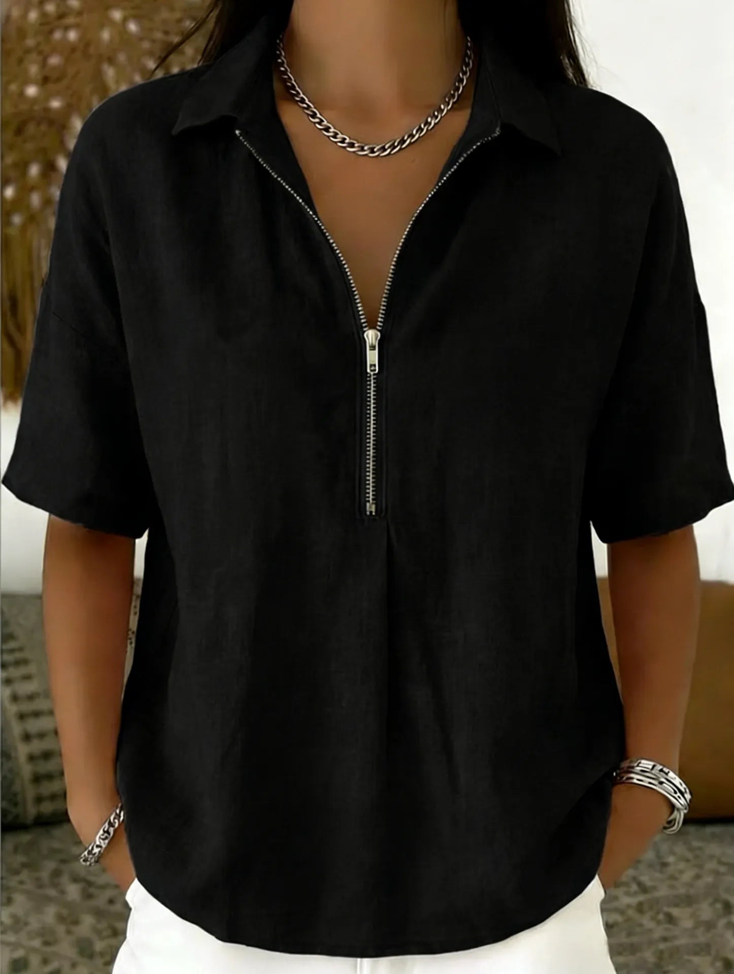 Solid Lapel Half Zip Short Sleeve Casual Top