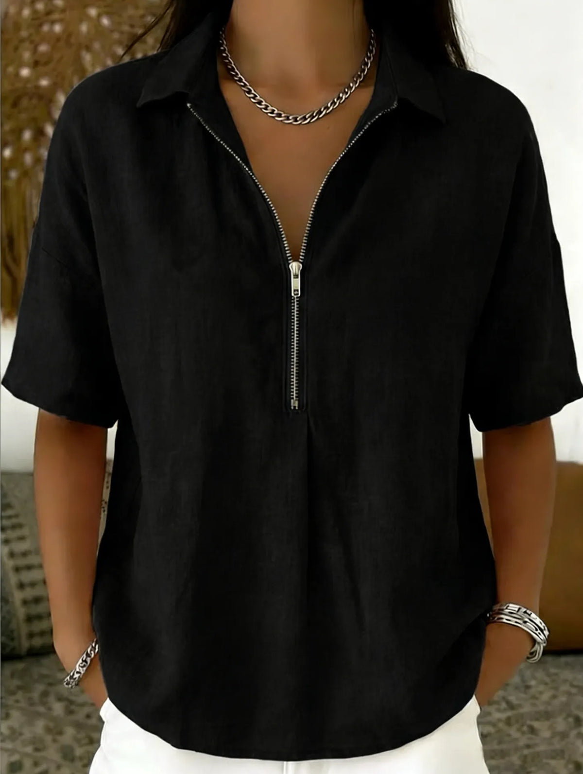 Solid Lapel Half Zip Short Sleeve Casual Top