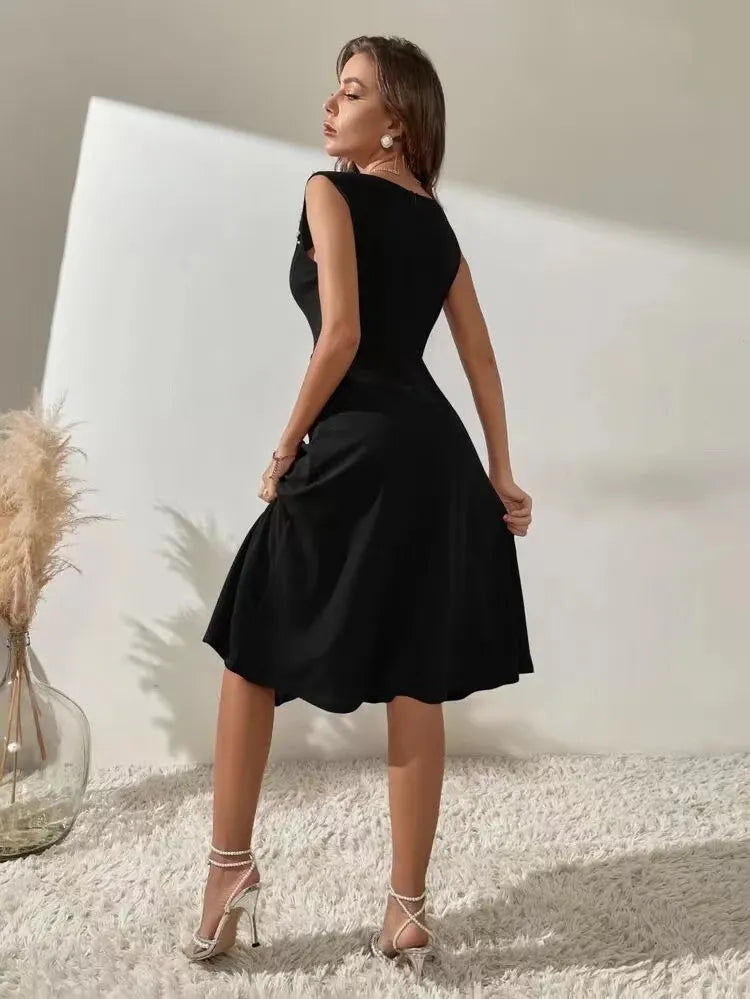 Sleeveless Pearl Decor Midi Swing Dress