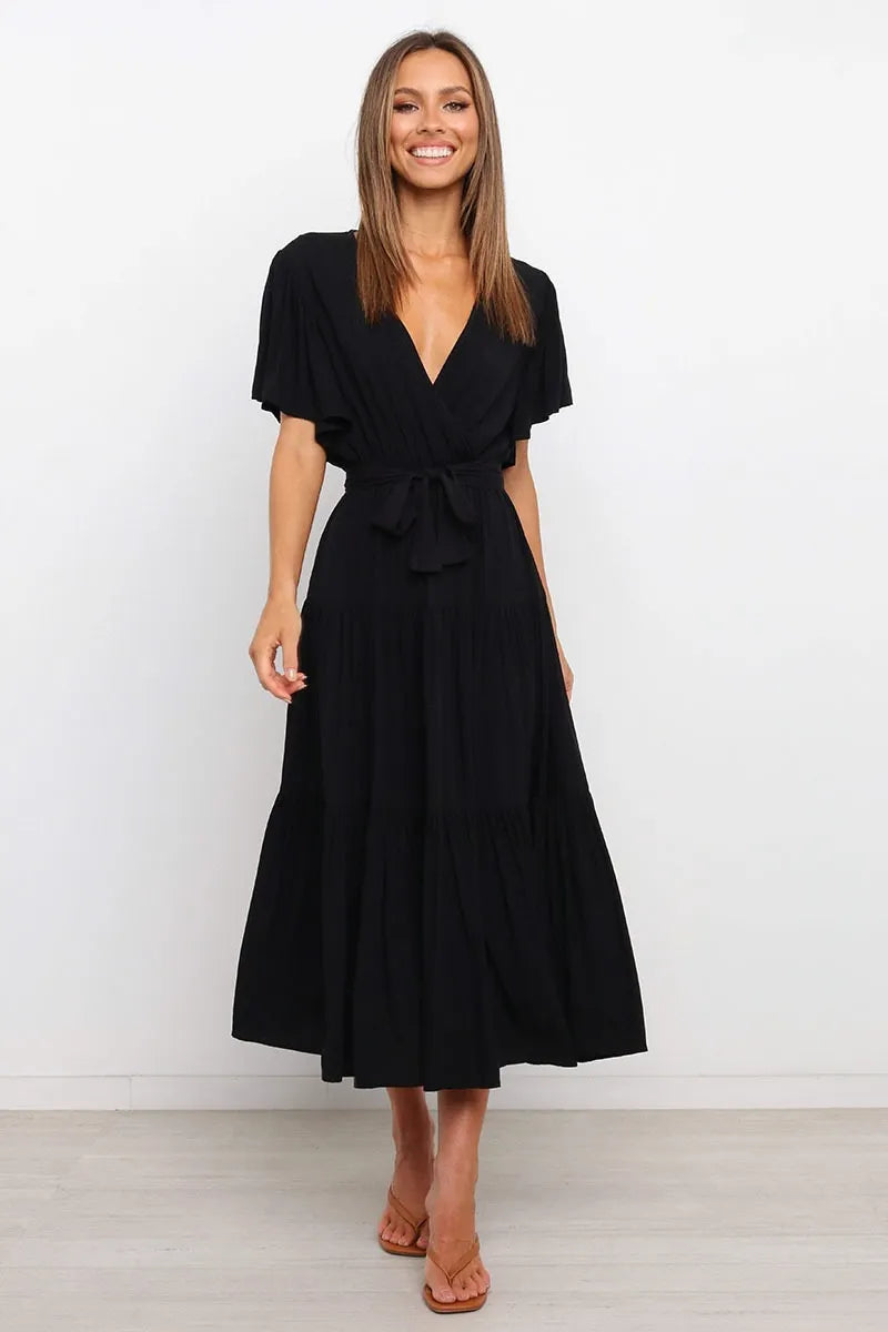 V Neck Flutter Short Sleeve Belted Tiered Maxi Swing Dress