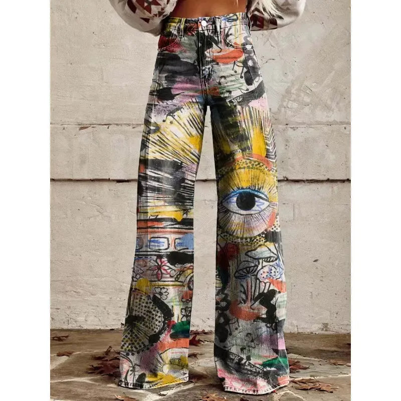 High Waist Western Cowboy Horse Print Wide Leg Pants
