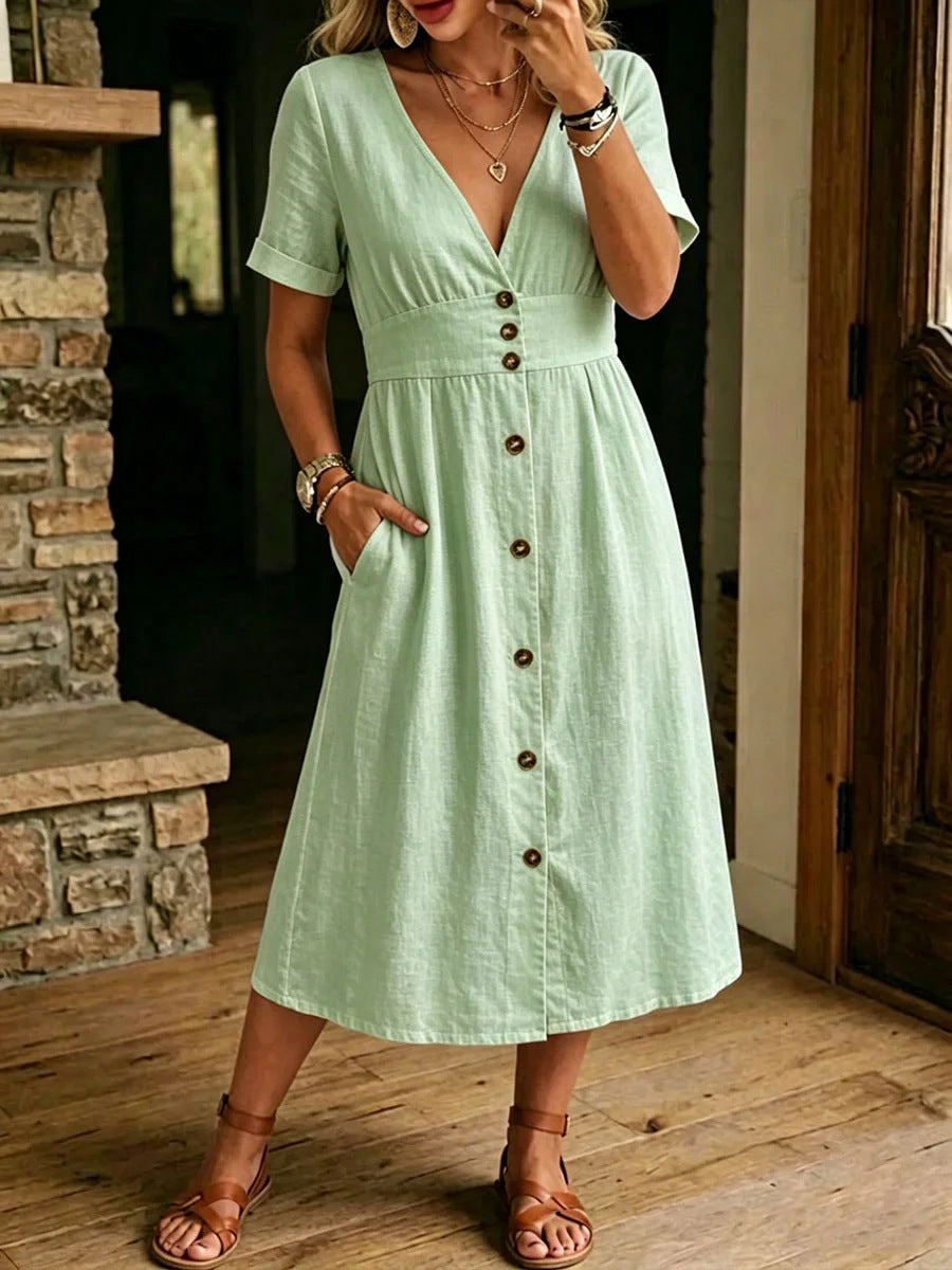 V-Neck Button Front Short Sleeve Midi Dress