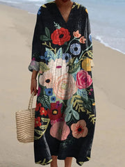 V‑Neck Floral Bird Print Mori Style Long Dress
