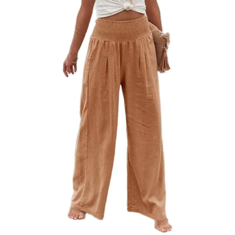 High Waist Smocked Waistband Cotton Linen Wide Leg Pants