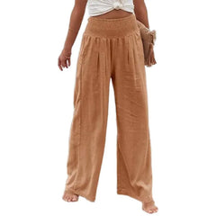 High Waist Smocked Waistband Cotton Linen Wide Leg Pants