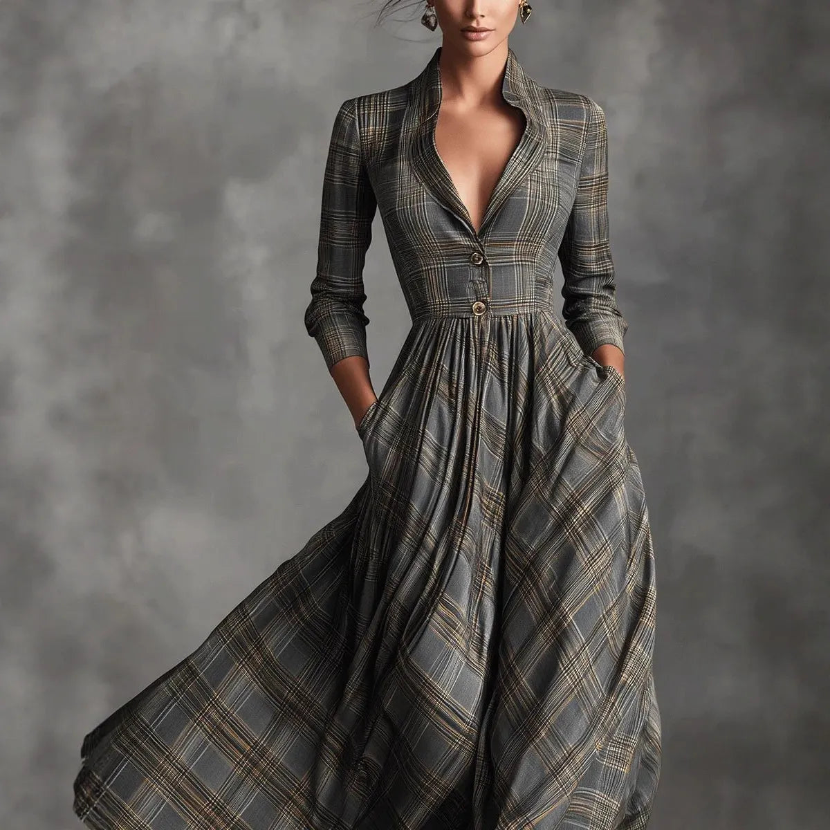 Grey Tartan Plaid Maxi Dress for Elegant V Neck Stand Collar Waist Fit Flare Long Dress