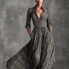 Grey Tartan Plaid Maxi Dress for Elegant V Neck Stand Collar Waist Fit Flare Long Dress