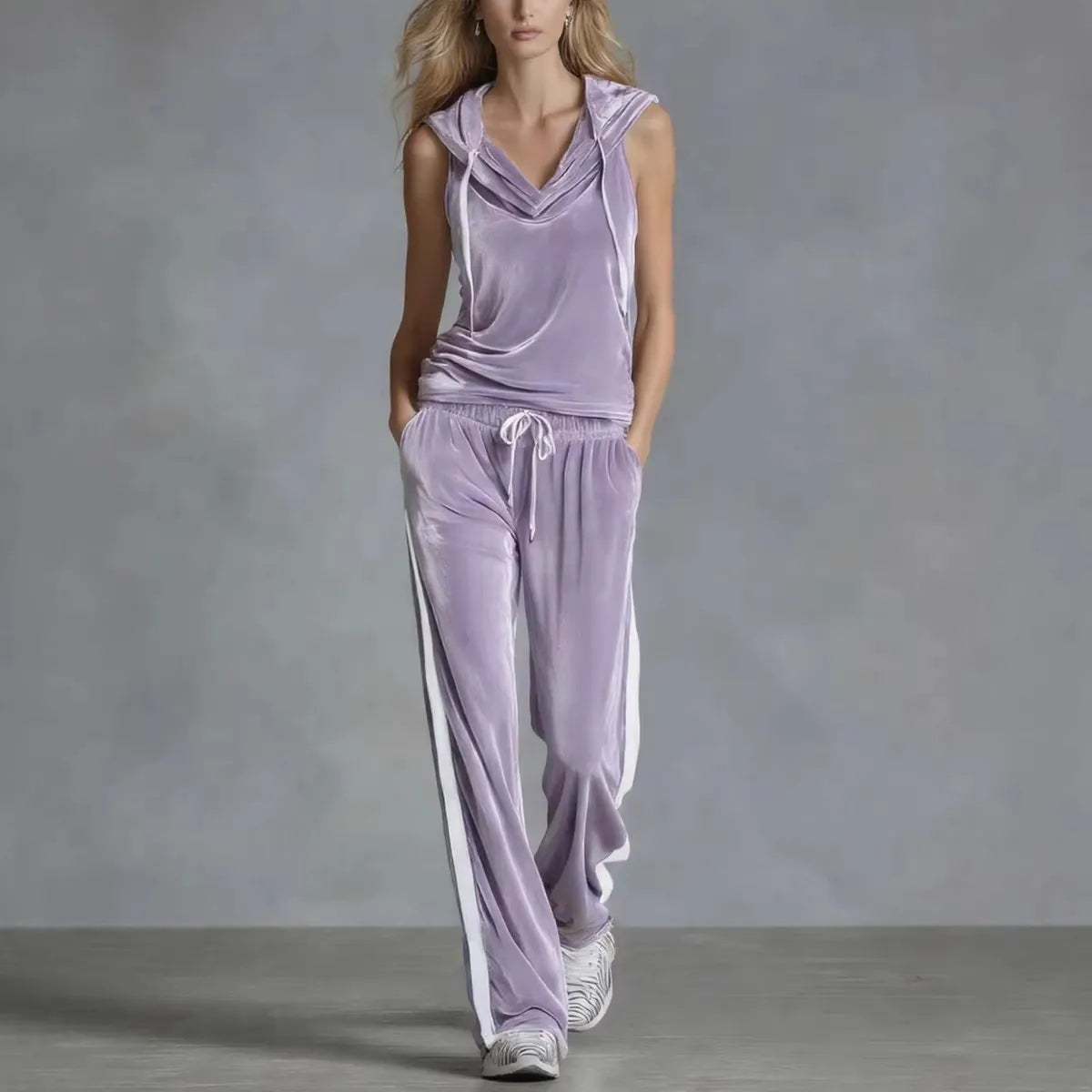 Velvet Sleeveless Hoodie and Wide Leg Pants 2 Piece Set