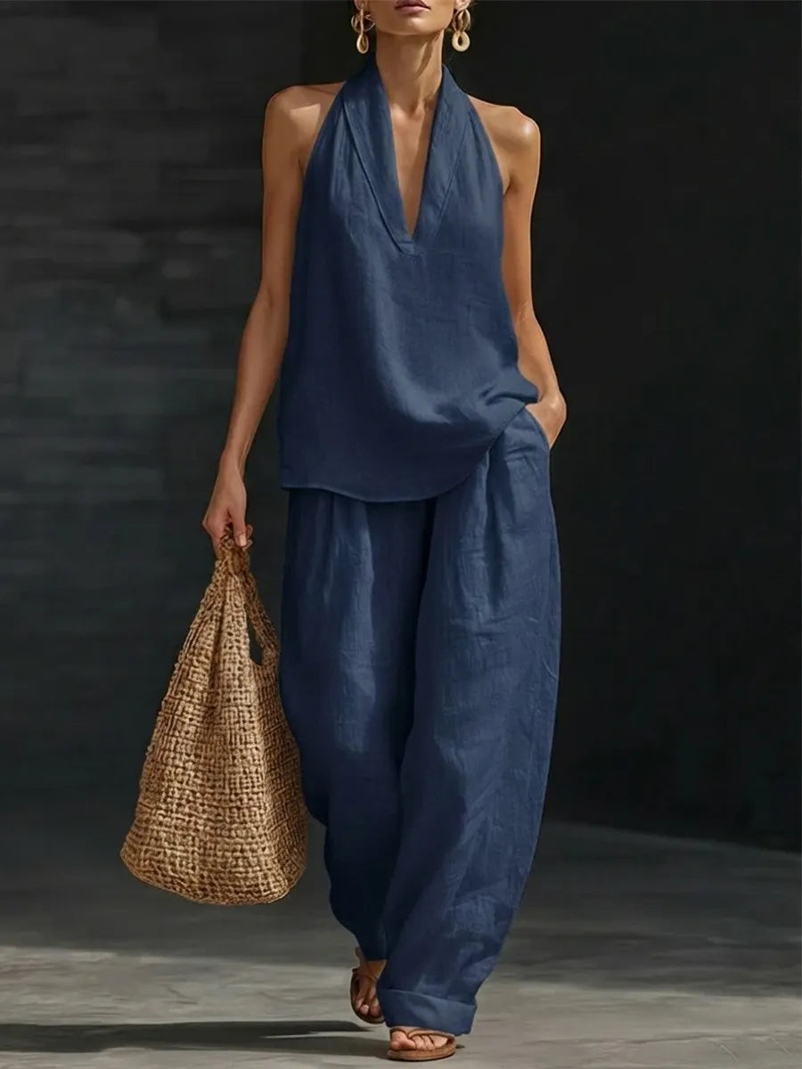 Linen Halter Top & Wide Leg Pants Set