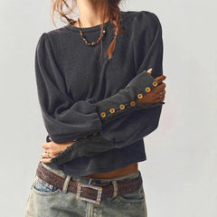 Waffle Knit Button Cuff Top