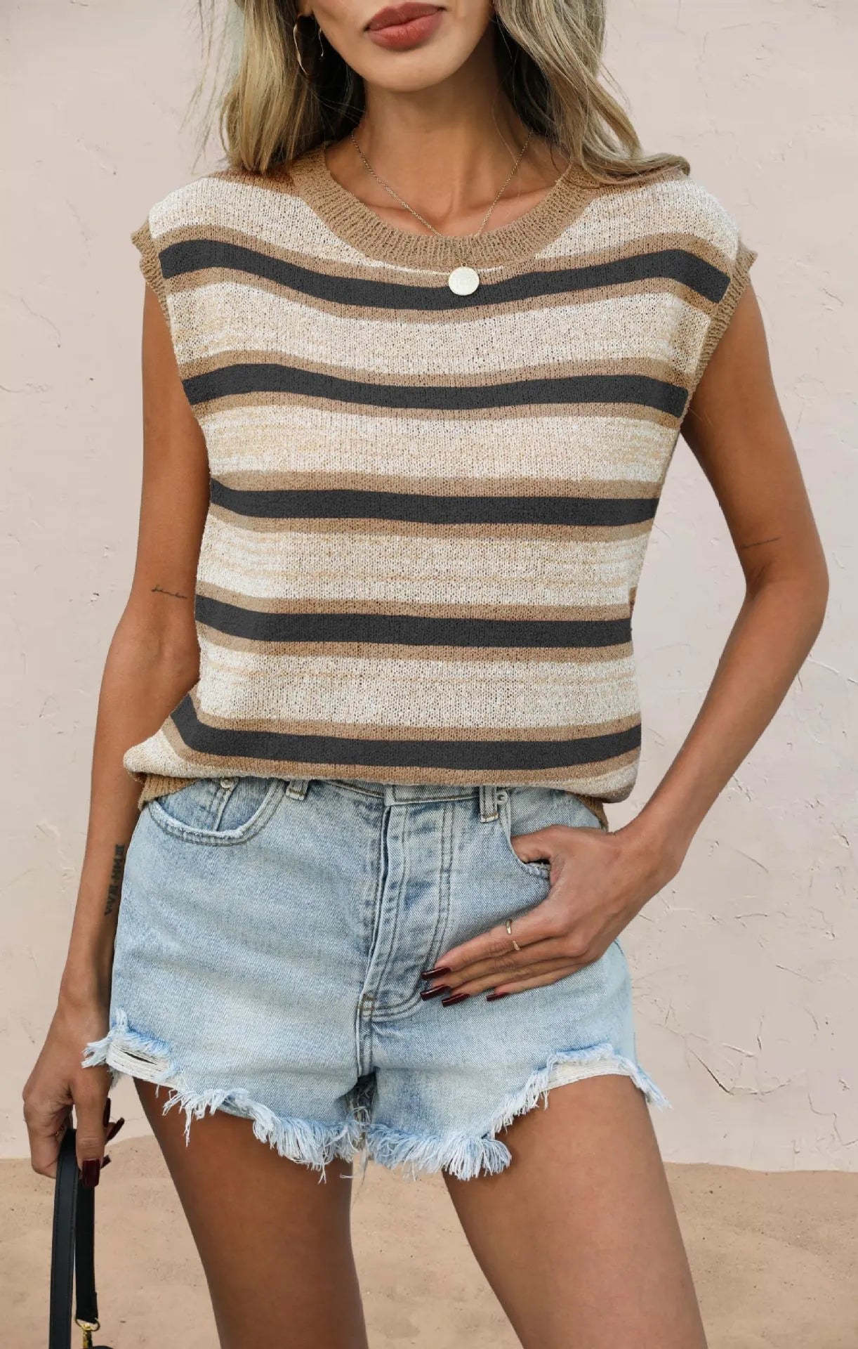 Round Neck Striped Sleeveless Knit Vest Tank Top