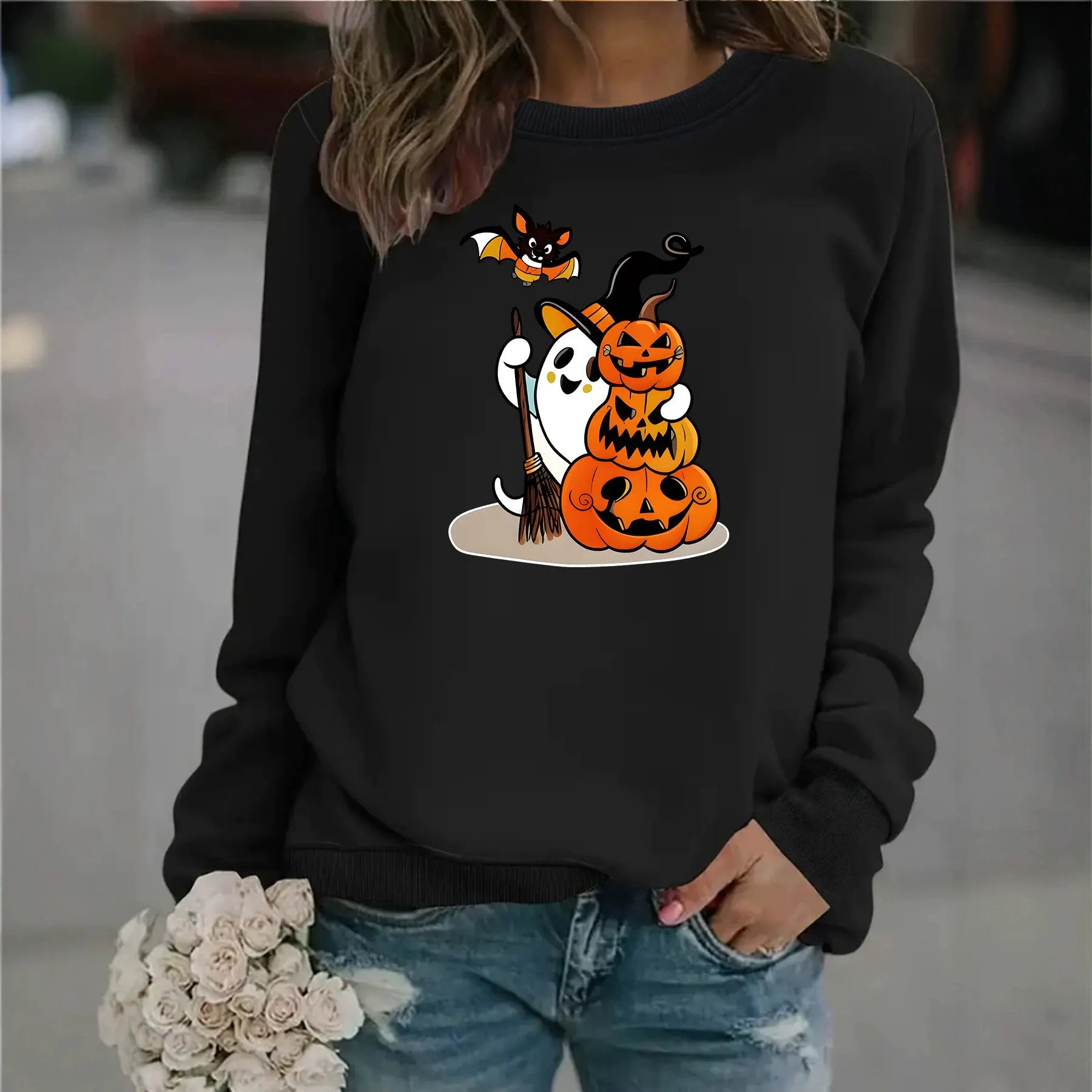 Halloween Ghost Pumpkin Bat Graphic Sweatshirt