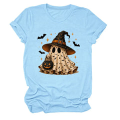 Halloween Ghost Witch Bat Print Crew Neck Short Sleeve T‑Shirt