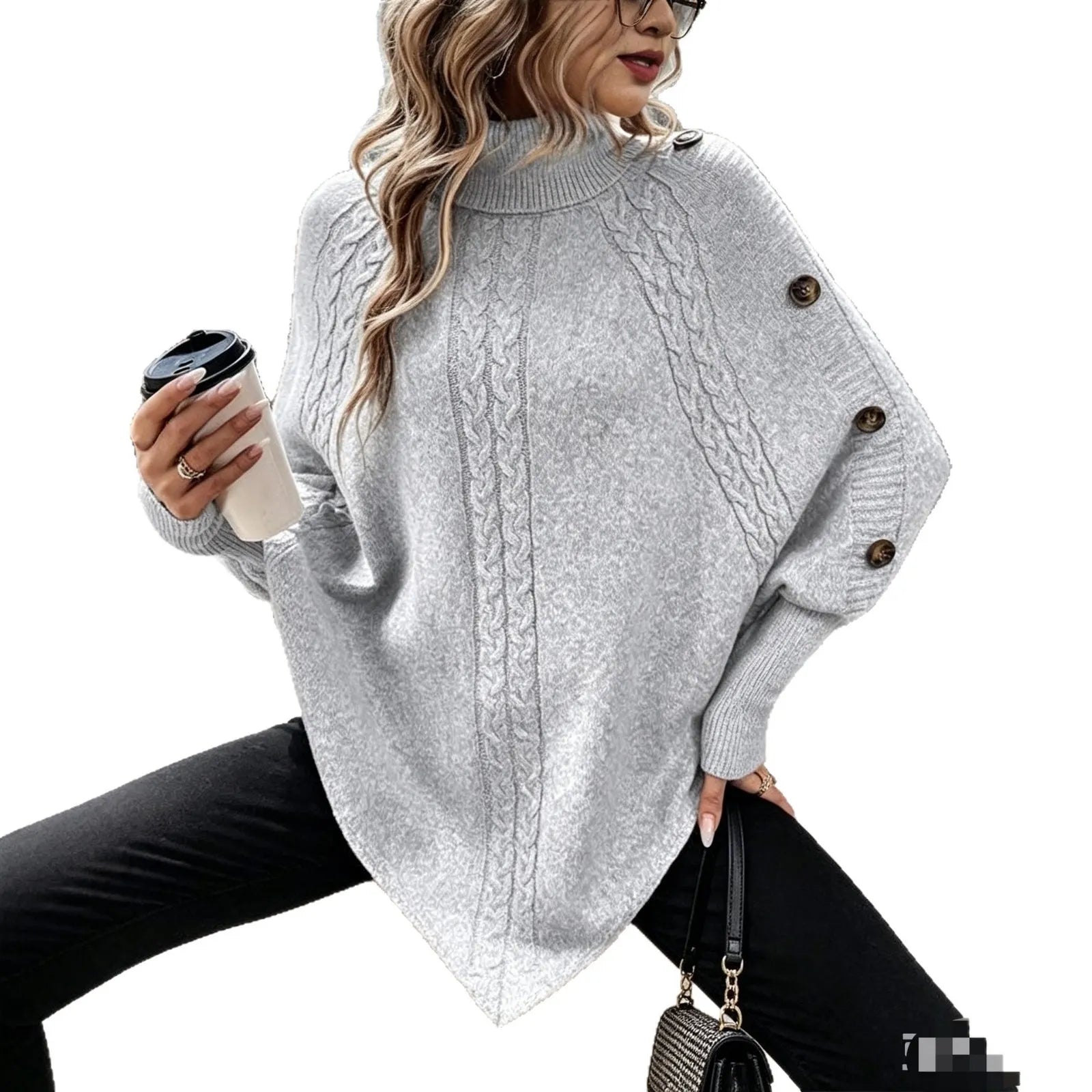 Turtleneck Cable Knit Asymmetrical Hem Sweater