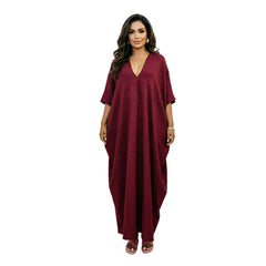 Deep V Neck Batwing Sleeve Loose Cotton Linen Maxi Kaftan Dress