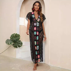 Colorful Crochet Patchwork Sheer Lace Beach Cover-Up Maxi Dress