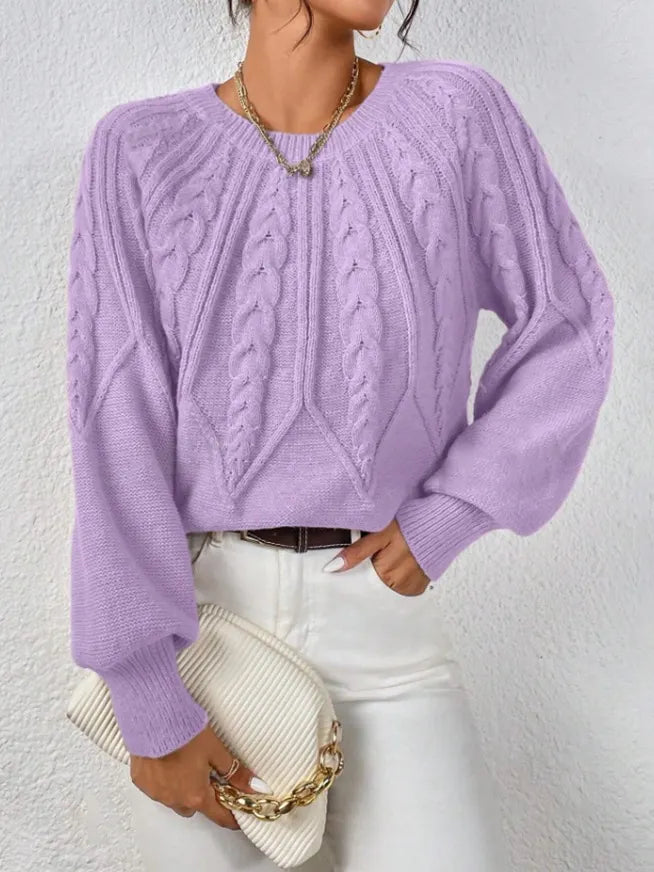 Crew Neck Cable Knit Sweater, Long Lantern Sleeve Loose Solid Pullover