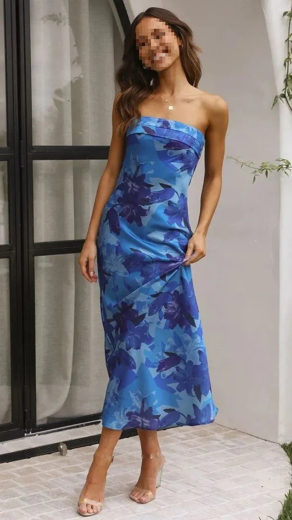 Solid Strapless Satin Bodycon Maxi Dress