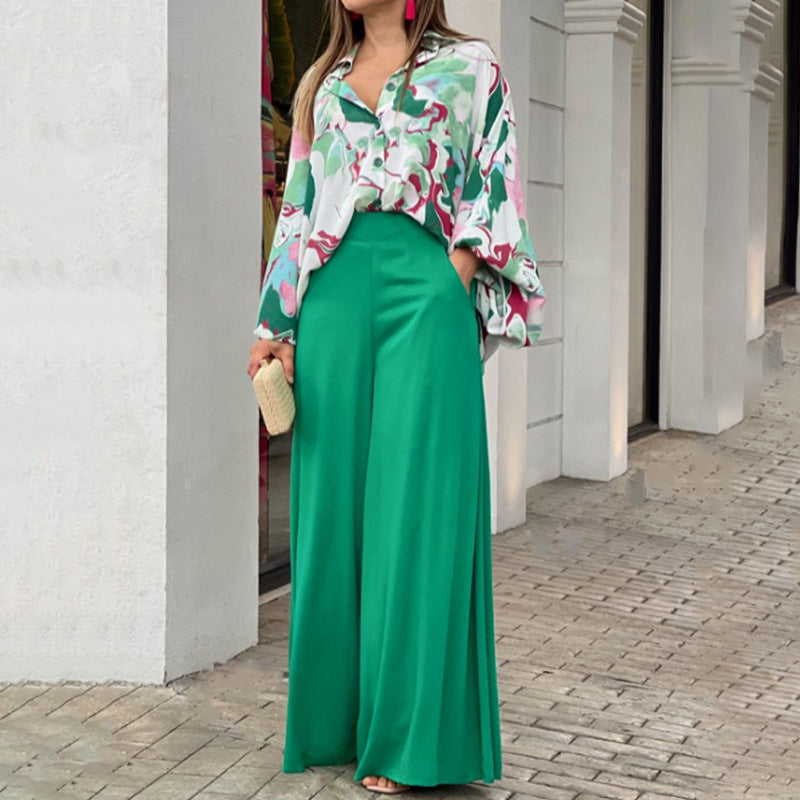 Floral Print Long Sleeve Shirt & Wide Leg Pants Two Piece Set