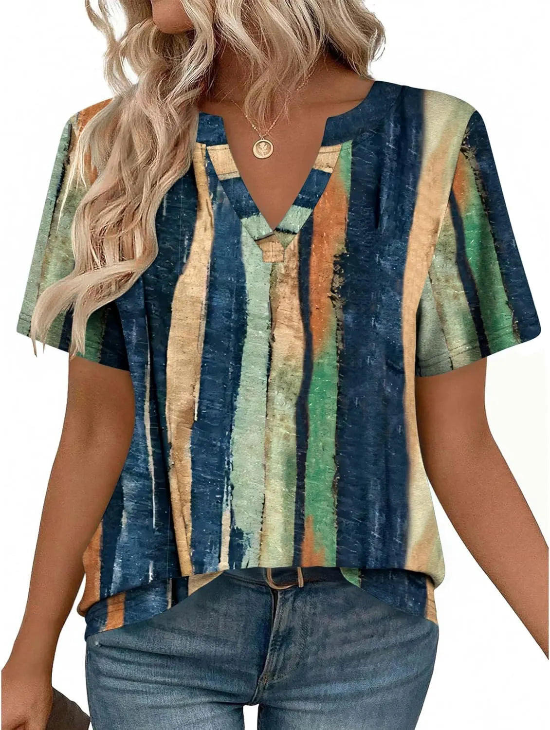 Color Block Vertical Stripe Split V Neck Short Sleeve Polyester Pullover Top