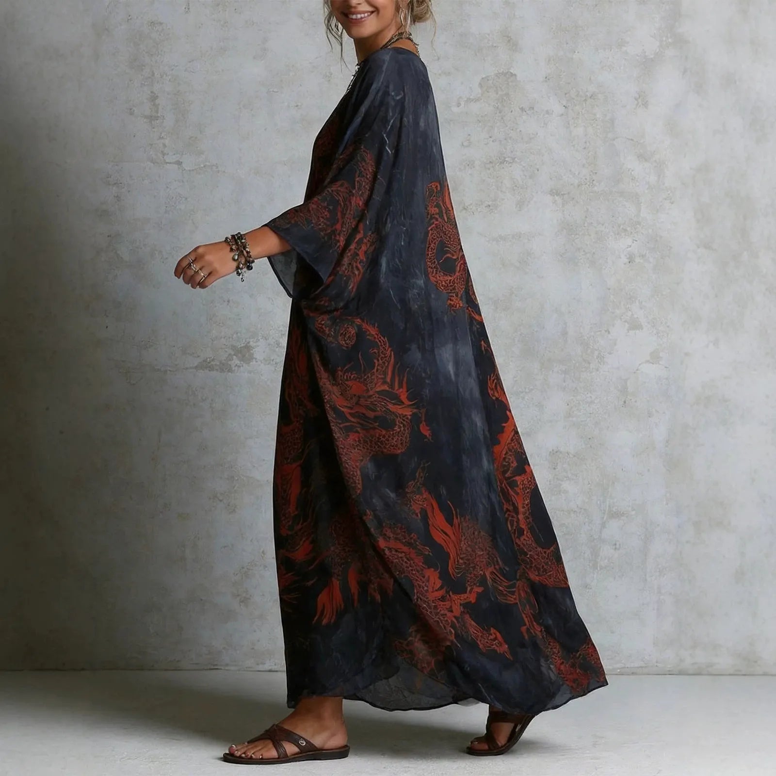 Navy Dragon Print Deep V Neck Bat Sleeve Loose Long Dress