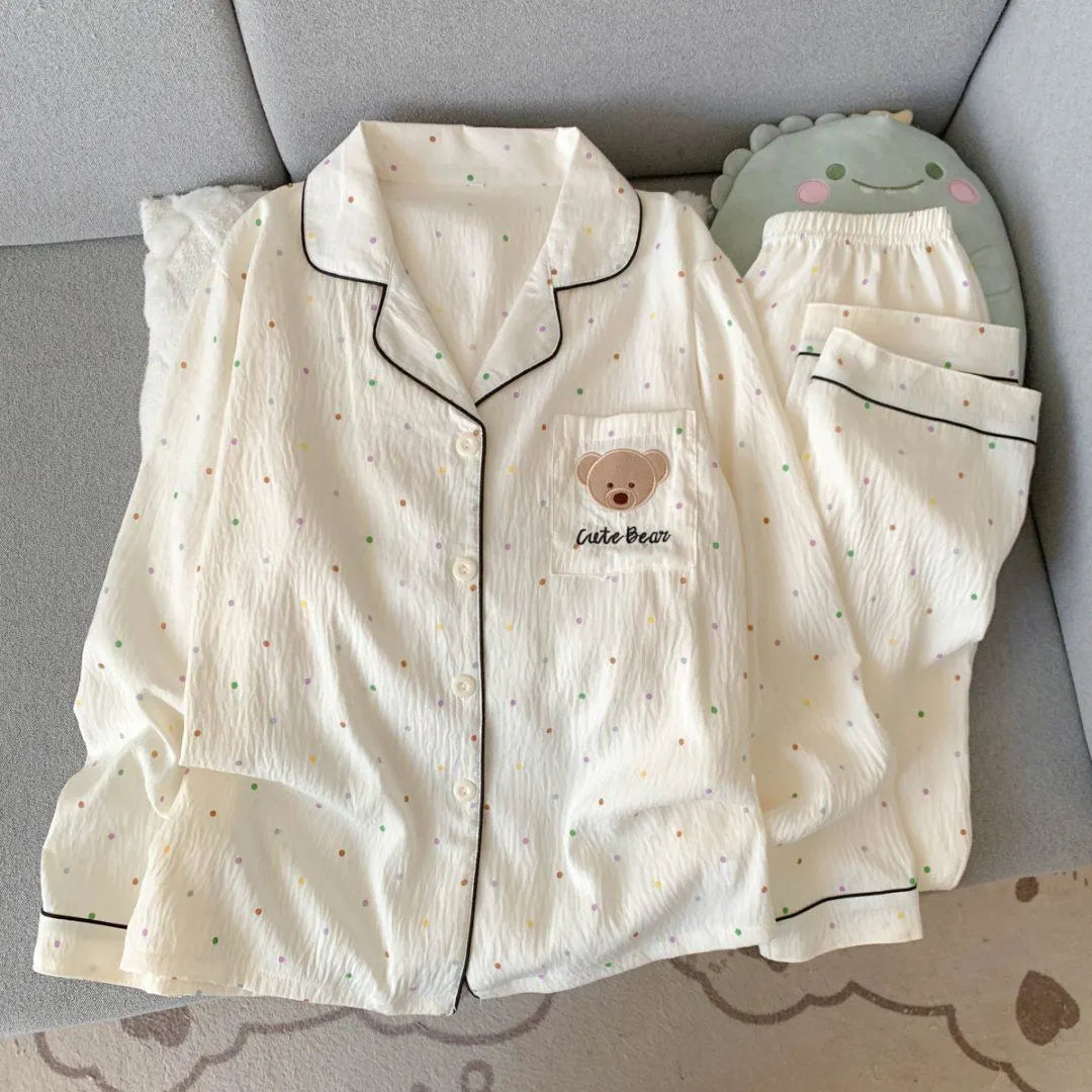 Light Blue Leopard Shirt & Pants 2 Piece Pajamas with Pocket Embroidery