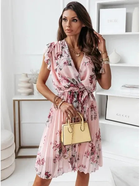 V-Neck Sleeveless Tie Waist Pleated Midi Dress
