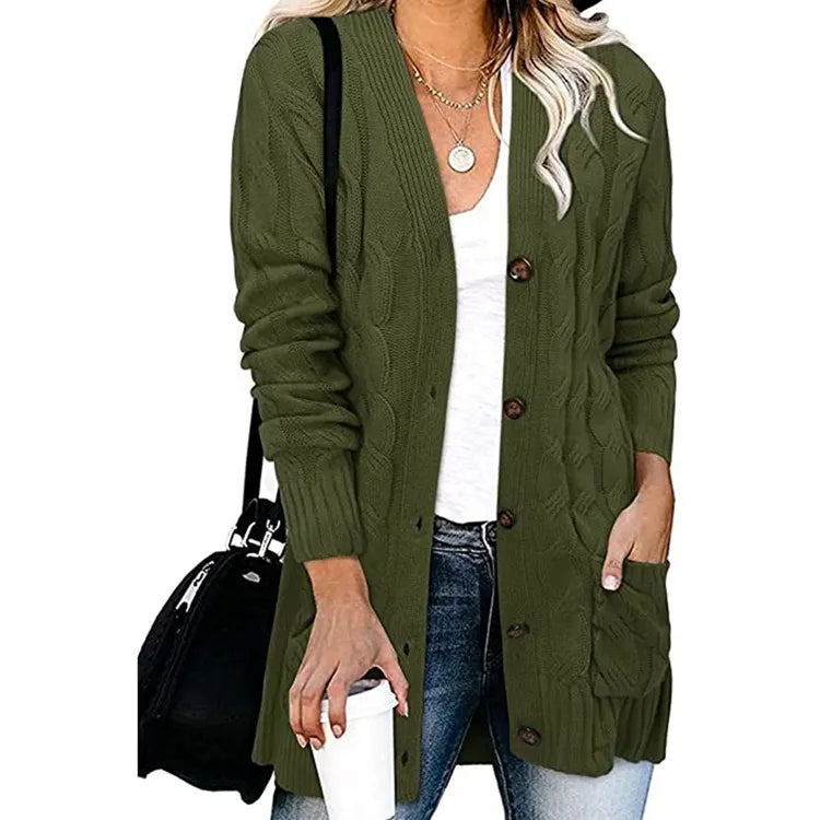 Casual Long Sleeve Cable Knit Cardigan Ladies Mid Length Open Front Button Sweater Jacket