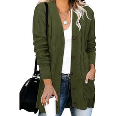 Casual Long Sleeve Cable Knit Cardigan Ladies Mid Length Open Front Button Sweater Jacket