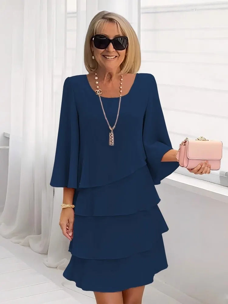 Solid Color Round Neck Layered Flared Sleeve Dress