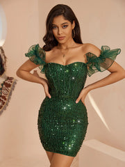 New Year Party Dress Off Shoulder Ruffle Sleeve Corset Sequin Bodycon Mini Dress