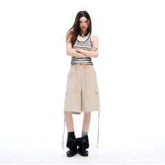 High Waist Drawstring Cargo Straight Cropped Casual Shorts