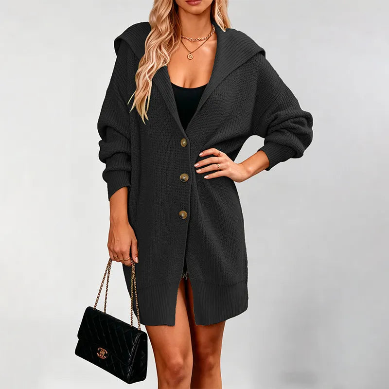 Waffle Knit Lapel Button Midi Pocket Cardigan Sweater
