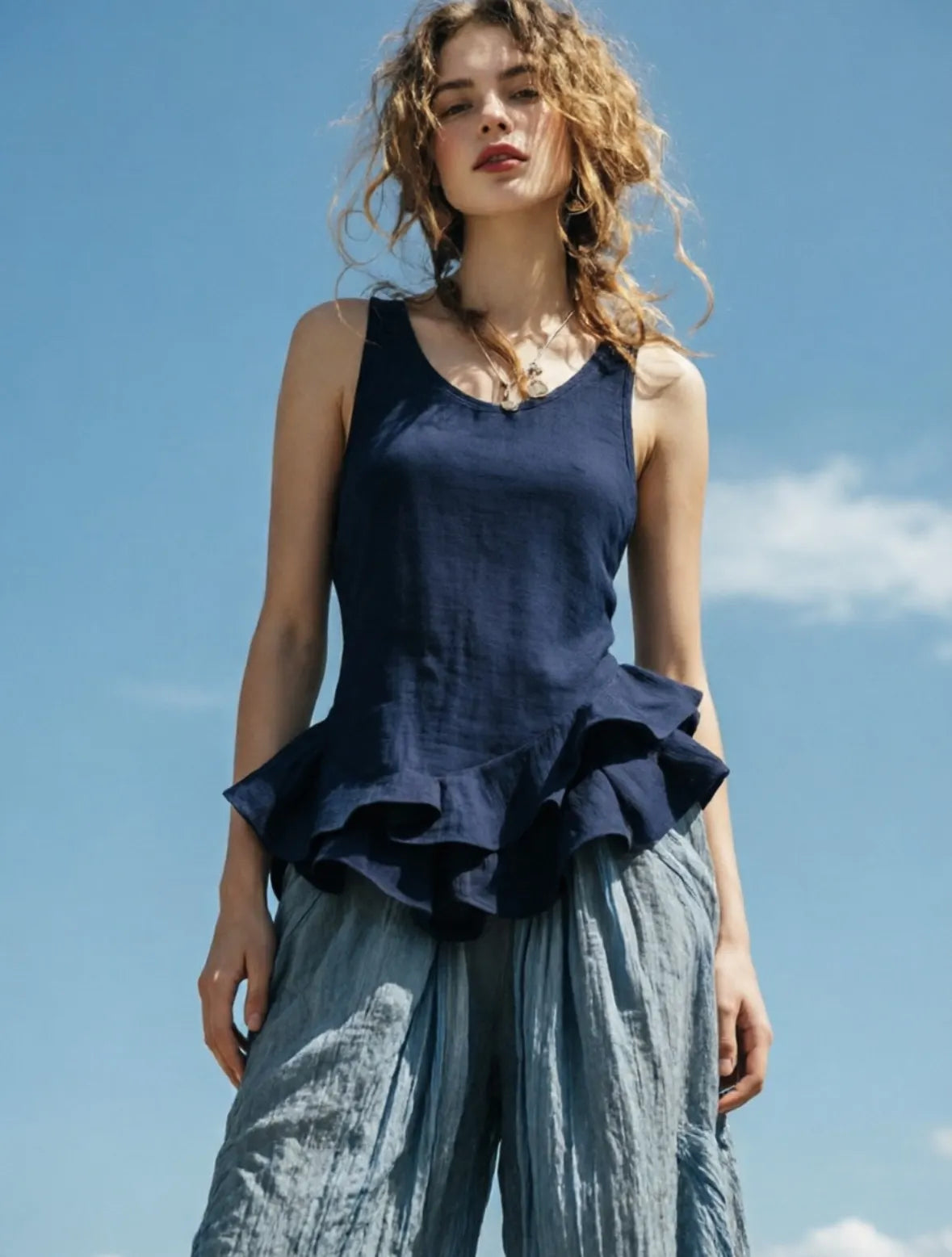 U-Neck Sleeveless Ruffle Hem Cotton Linen Tank Top