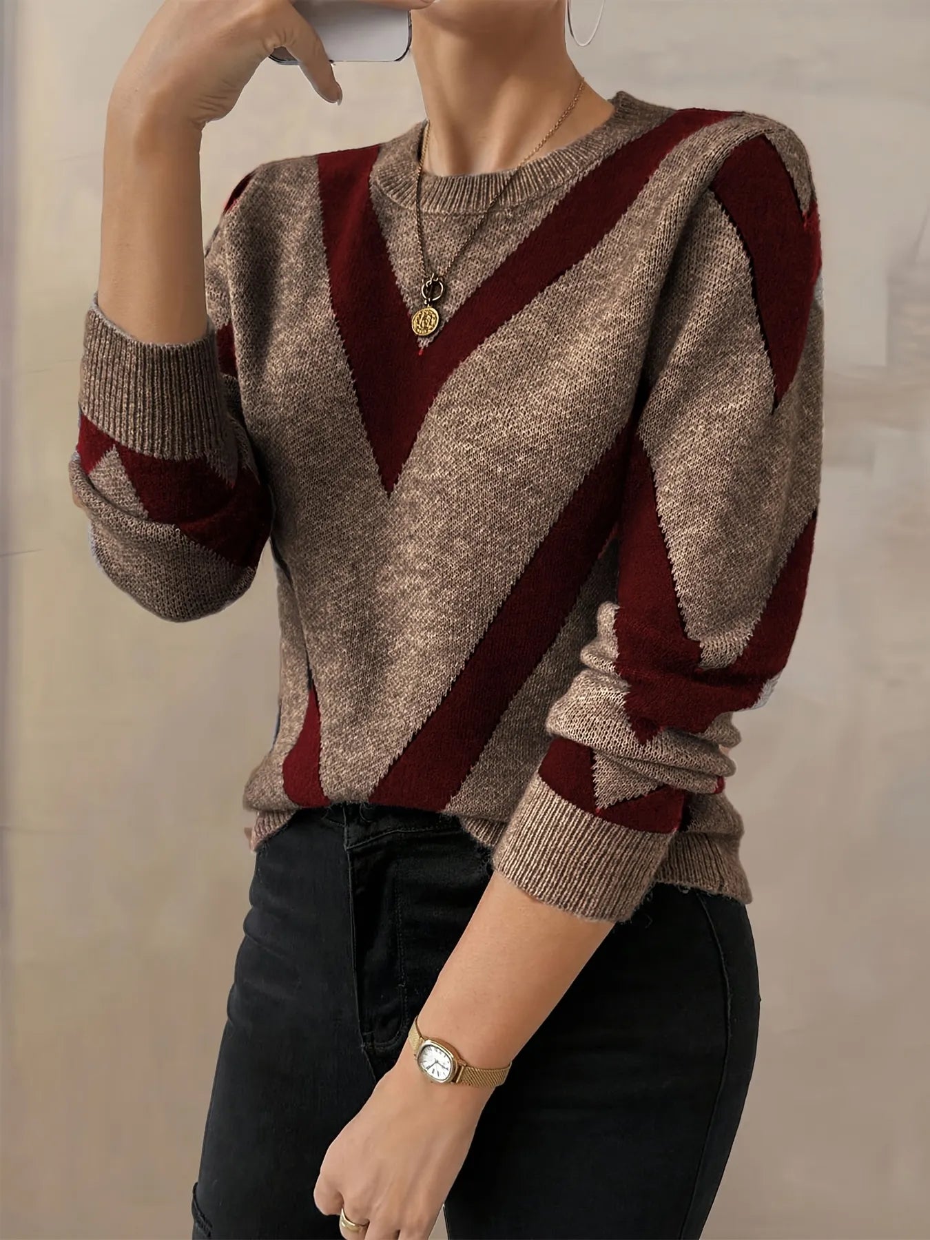 Geometric Chevron Color Block Knit Sweater