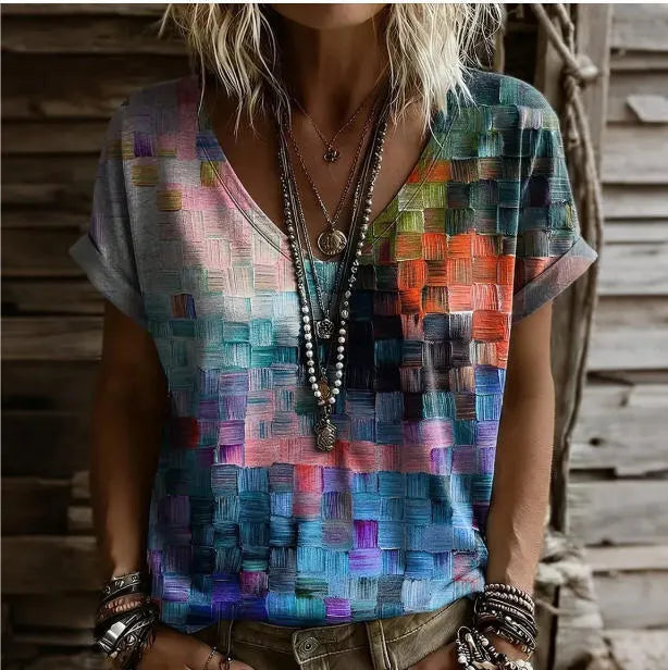 3D Color Block Print V Neck Rolled Short Sleeve Casual Tee