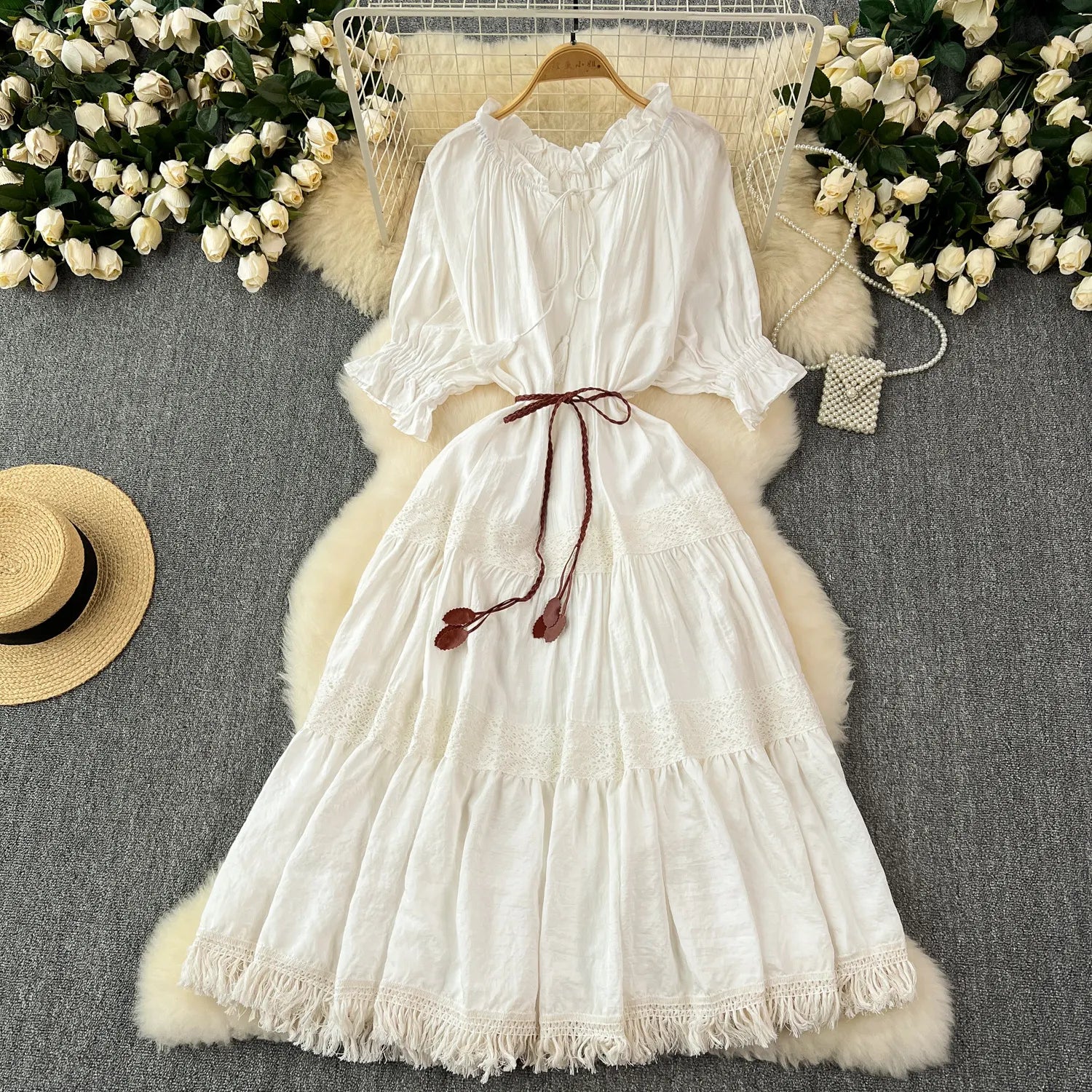 Ruffled Neck Drawstring Waist Lace Panel Tassel Hem Tiered Maxi Dress