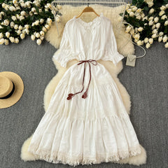 Ruffled Neck Drawstring Waist Lace Panel Tassel Hem Tiered Maxi Dress