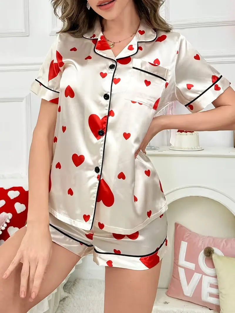 Ladies Plus Size Friendly Satin Pajama Set Cute Panda Heart Pattern Short Sleeve Top & Elastic Shorts Nightwear