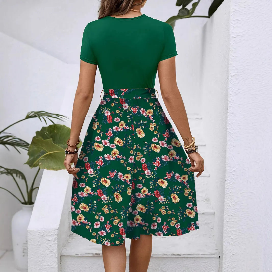 Color Block Floral Tie Waist A-Line Midi Dress Round Neck Short Sleeve Elegant Campus Daily Dress