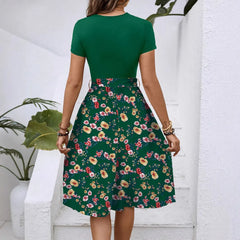 Color Block Floral Tie Waist A-Line Midi Dress Round Neck Short Sleeve Elegant Campus Daily Dress
