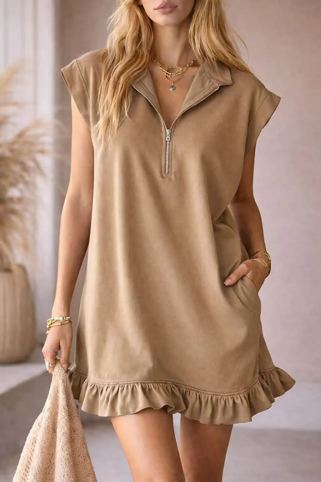 Zip Detail Ruffle Hem Sleeveless Shift Mini Dress