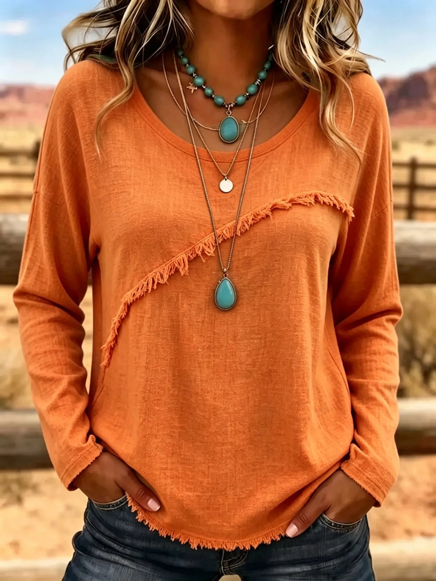 Crew Neck Diagonal Fringe Spliced Long Sleeve Polyester Casual Top