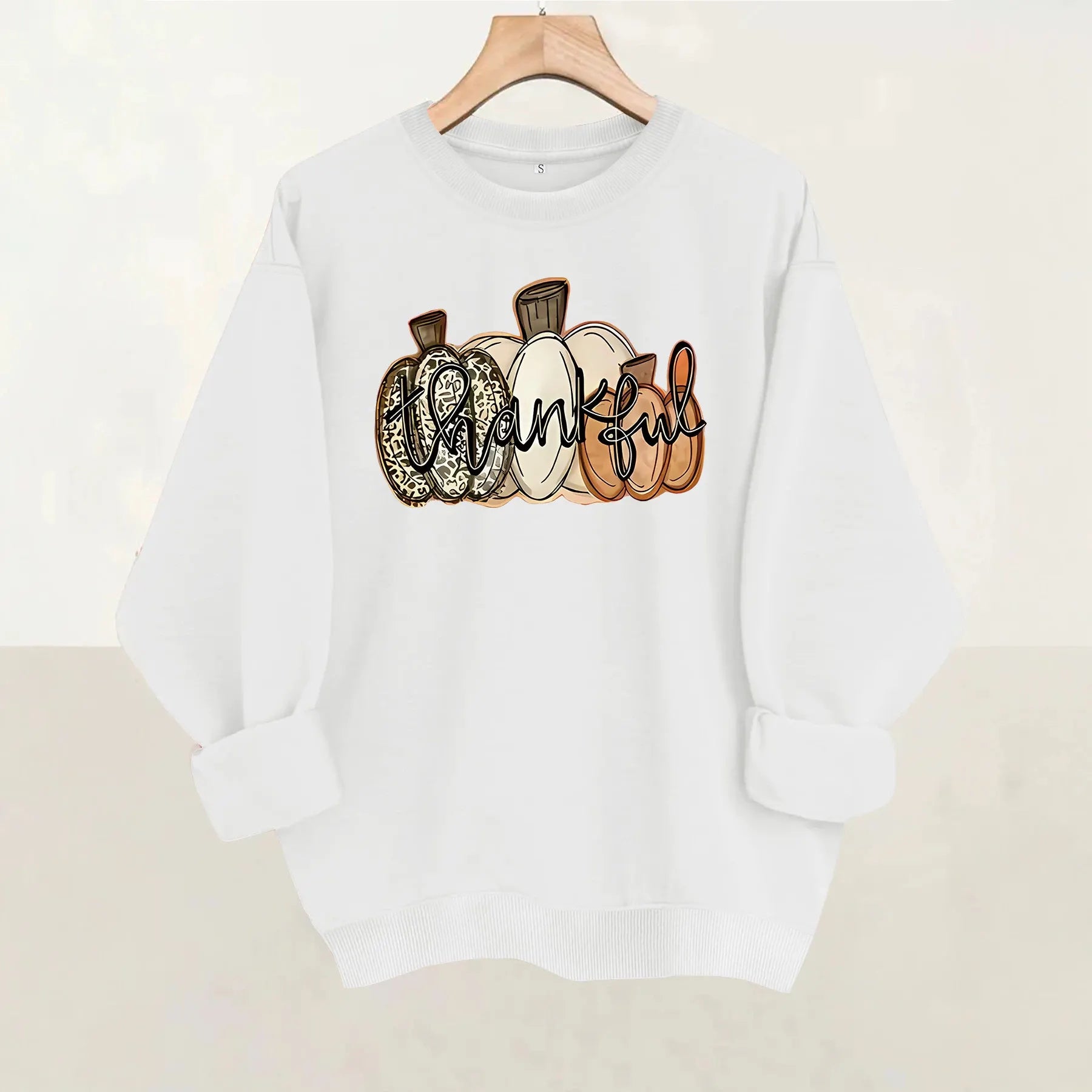 Halloween Thankful Pumpkin Print Round Neck Sweatshirt